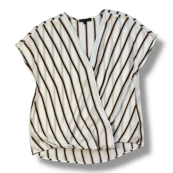 Adrianna Papell Cream Striped V-Neck Wrap Blouse Sz M - Picture 2 of 11
